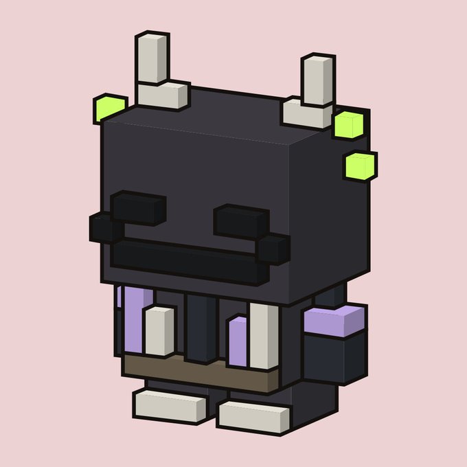 A blocky, Minecraft-style voxel character with a black cubic head, small horns, and green pixelated ears stands against a pink background, serving as a quirky mascot for the Vibe Vibe NFT project's AI stock basket initiative.