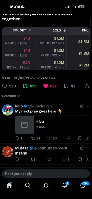 A smartphone screenshot of a social media post displays a table showing crypto token sales statistics with columns for BOUGHT, SOLD, and PNL, followed by user comments from "kivo" and "Mufasa".