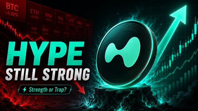 In the image, there's a banner featuring a green coin with a blue logo on top. The backdrop of the image is black and filled with various graphs representing different cryptocurrency values over time. The phrase "HYPE still Strong" is displayed below the coin, indicating that despite fluctuations in the market or any decrease in value, the cryptocurrency has maintained its strength and resilience.