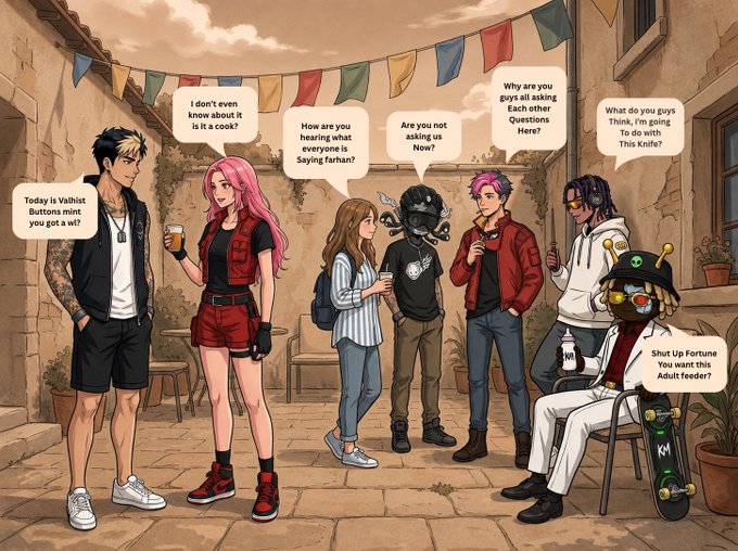A comic-style illustration of a group of stylized characters standing in a Mediterranean courtyard with colorful bunting, featuring dialogue bubbles about Valhi buttons and mint, with someone sitting on a chair asking 'Shut Up Fortune You want this Adult Feeder?'