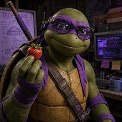 A 3D-rendered Donatello from Teenage Mutant Ninja Turtles, wearing his signature purple mask and glasses, holding a red strawberry in his hand within a dimly lit, tech-filled setting.