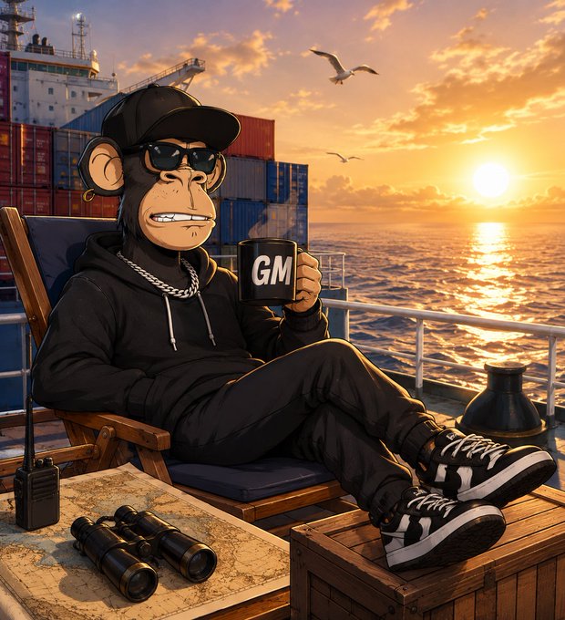 An illustrated monkey wearing sunglasses, a black cap, and a hoodie sits in a deck chair holding a mug labeled 'GM', with binoculars and a map nearby, set against a sunset ocean backdrop with a cargo ship.