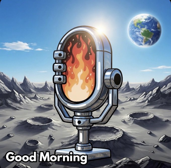 An illustration of a chrome microphone engulfed in flames, set against a lunar landscape with Earth visible in the sky, with 'Good Morning' text at the bottom.