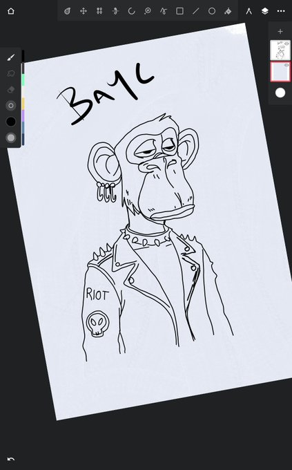 A digital sketch/drawing on a drawing app showing a Bored Ape-style monkey wearing a 'RIOT' leather jacket, with 'BAYC' handwritten at the top.