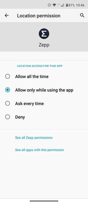 An Android settings screen for 'Location permission' for an app named 'Zepp', with the 'Allow only while using the app' option currently selected.