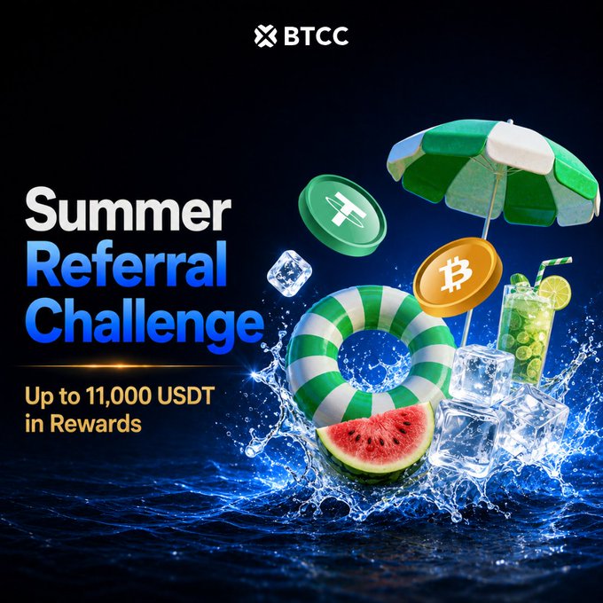The image is a promotional advertisement for BTCC's "Summer Referral Challenge," featuring vibrant summer-themed imagery like a beach umbrella, life preserver, watermelon, and crypto coins (USDT and Bitcoin) splashing into water, with text offering "Up to 11,000 USDT in Rewards." This aligns with the post's call to action about claiming $11,000 in summer rewards via the BTCC referral challenge.