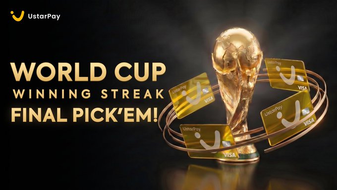 UstarPay is holding a World Cup "Winning Streak Final Pick'em!" contest; the image features the World Cup trophy surrounded by UstarPay Visa cards. This visually ties the popular sporting event to the promotion.