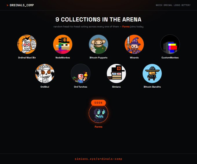 A website interface for 'ORDINALS_COMP' titled '9 COLLECTIONS IN THE ARENA' featuring NFT collections including Ordinal Maxi Biz, NodeMonkes, Bitcoin Puppets, Wizards, CustomMonkes, OrdSkul, Ord Torches, Simians, and Bitcoin Bandits, with 'Forms' marked as 'SOON'.
