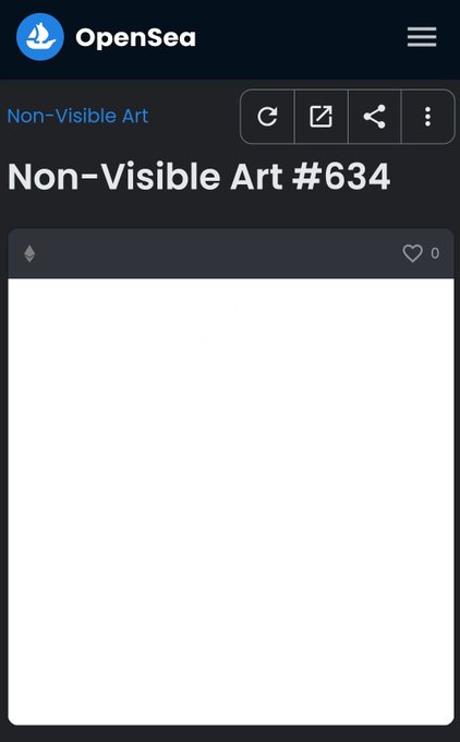 The image shows an OpenSea listing for "Non-Visible Art #634," with a blank white NFT preview and zero likes, humorously embodying the post's commentary that the NFT era was absurd—even invisible art was being minted and traded.
