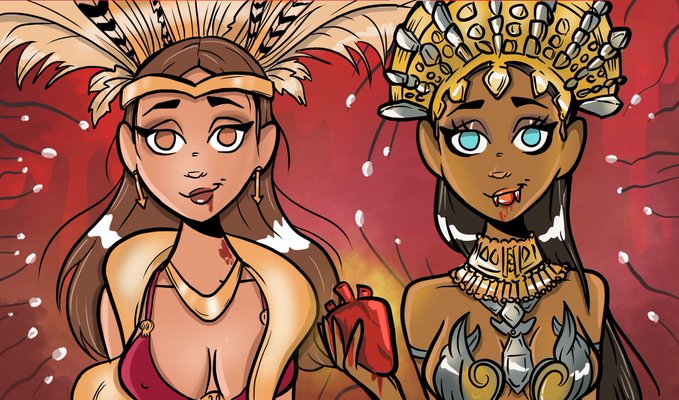 A stylized cartoon illustration of two female tribal characters wearing ornate feathered headdresses and gold jewelry against a fiery red background.