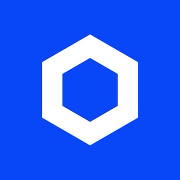 The image shows the Chainlink logo—a white hexagon centered on a blue background. This relates to the post about Chainlink Data Feeds enabling tokenized equities (like $COIN and $HOOD) to be composable onchain and usable as collateral in DeFi protocols.