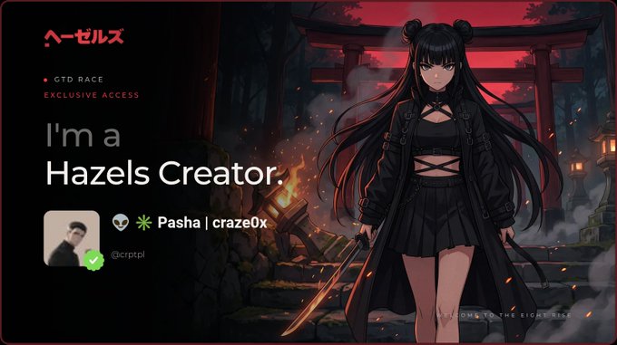 A promotional graphic featuring the text 'I'm a Hazels Creator' and 'Pasha | craze0x' alongside a username '@cptspl', set against a backdrop of an anime-style character holding a sword.