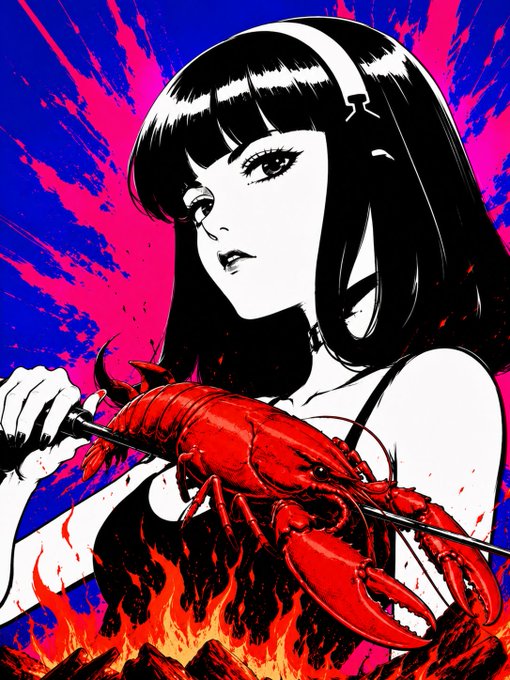 A stylized anime illustration of a black-haired woman with a headband holding a sword with a large red lobster impaled on it, set against a dynamic blue and magenta background with flames at the bottom.