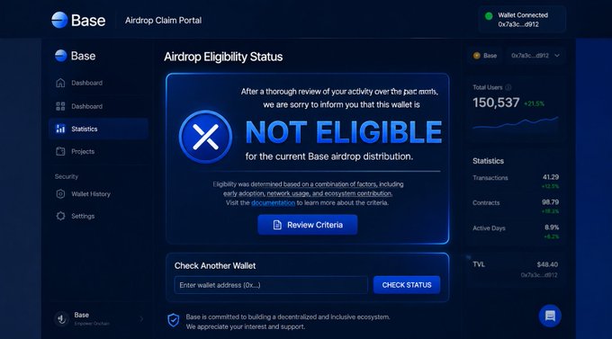 The image shows the Base Airdrop Claim Portal displaying an "Airdrop Eligibility Status" screen that reads "NOT ELIGIBLE for the current Base airdrop distribution," despite the wallet showing 41.29 transactions, 98.79 contracts, and 8.9% active days. The screenshot illustrates the post's scenario of a user discovering their wallet doesn't qualify for the $BASE airdrop despite actively using Base for swapping, minting NFTs, and deploying contracts.