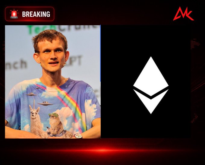 A 'BREAKING' news graphic (channel 'MK') showing Vitalik Buterin wearing a colorful llama/rainbow t-shirt alongside the Ethereum (ETH) logo on a black background.
