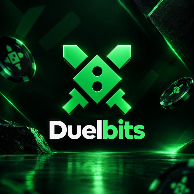 The image features the Duelbits logo with its signature green crossed-dice emblem on a dark, neon-lit background, complementing the post's hype about the platform's bold, high-stakes energy.
