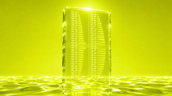 A glowing, translucent yellow cube displays two columns of descending prices (e.g., 195.64, 195.63, 195.52...) on a matching background, evoking a digital order book. The image illustrates the post's point about tokenized stocks being trapped in thin, memecoin-style bonding curves rather than operating on the deep, price-time priority order books of traditional exchanges like the NYSE.