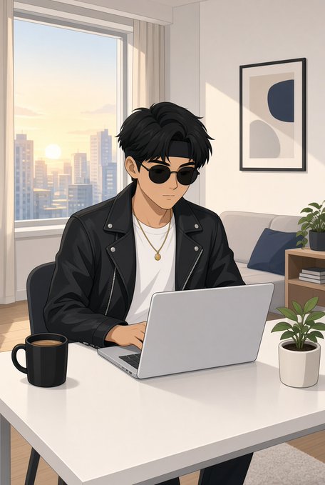 An anime-style illustration shows a young man with dark hair, sunglasses, and a black leather jacket working on a laptop at a desk, with a coffee mug and potted plant nearby and a cityscape visible through the window.