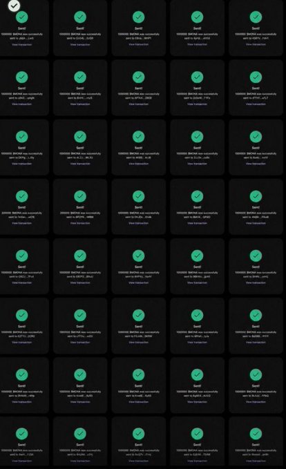 A dark grid shows dozens of green checkmarks and “Sent” transaction confirmations, indicating that Solana ($SOL) airdrop payments have been sent to the first eligible wallets. The post claims every participating wallet receives $77 in a 500-wallet airdrop and requires following @mohitmishr93531.