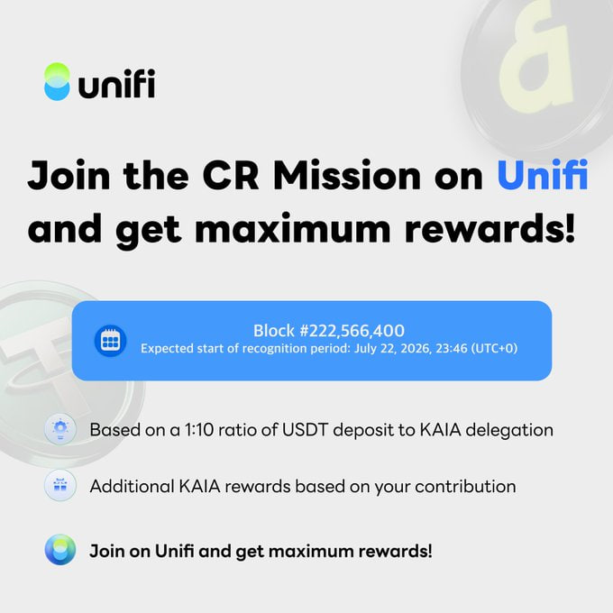 A promotional graphic for Unifi stating 'Join the CR Mission on Unifi and get maximum rewards!', starting at Block #222,566,400 with an expected start date of July 22, 2026, 23:46 (UTC+0), based on a 1:10 ratio of USDT deposit to KAIA delegation.