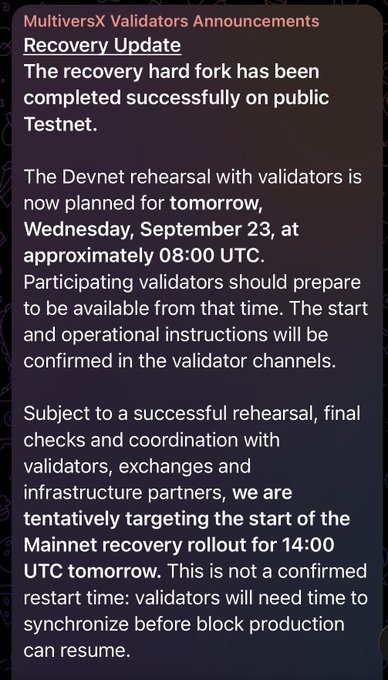 A MultiversX Validators Announcements post titled 'Recovery Update' stating the recovery hard fork completed successfully on Testnet, with Devnet rehearsal planned for Wednesday, September 23 at 08:00 UTC and Mainnet recovery rollout tentatively targeted for 14:00 UTC.