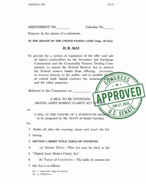 The image shows the first page of H.R. 3633, the "Digital Asset Market Clarity Act," a proposed bill from the 119th Congress aimed at regulating the sale of digital commodities, featuring a green "Approved by Congress - U.S. Senate" stamp dated July 25, 2018. The image relates to the post as it appears to be presented as supposed evidence of the bipartisan CLARITY Act's approval, though the post notes this is unconfirmed and the image may be from an unrelated 2018 version of the bill being misrepresented as recent news.