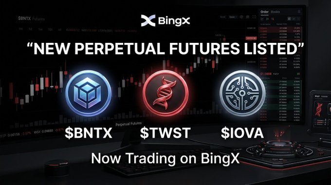 The image is a promotional graphic from BingX announcing the listing of three new perpetual futures pairs: $BNTX, $TWST, and $IOVA, displayed with their respective logos against a dark trading screen background featuring the text "NEW PERPETUAL FUTURES LISTED" and "Now Trading on BingX."