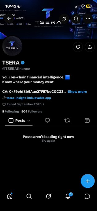 A screenshot of the X (Twitter) profile for "TSERA" (@TSERAfinance), described as "Your on-chain financial intelligence," with a contract address (0xF9ebf8b6Aae27FE7beC0C33...), showing 5 following and 504 followers, with posts failing to load. The image appears to be used in a post warning followers about potential scams involving small projects running creator contests, advising users to stick to trusted platforms like WizzHQ, Supertteam, and First Dollar.