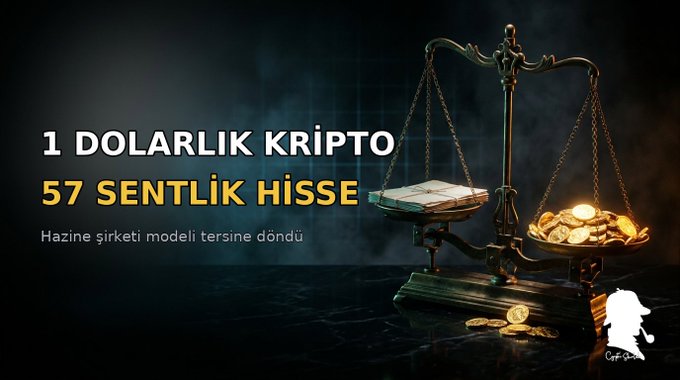 Turkish-language promotional graphic with text '1 DOLARLIK KRİPTO 57 SENTLİK HİSSE' and 'Hazine şirketi modeli tersine döndü,' featuring an ornate balance scale weighing cash against gold coins.