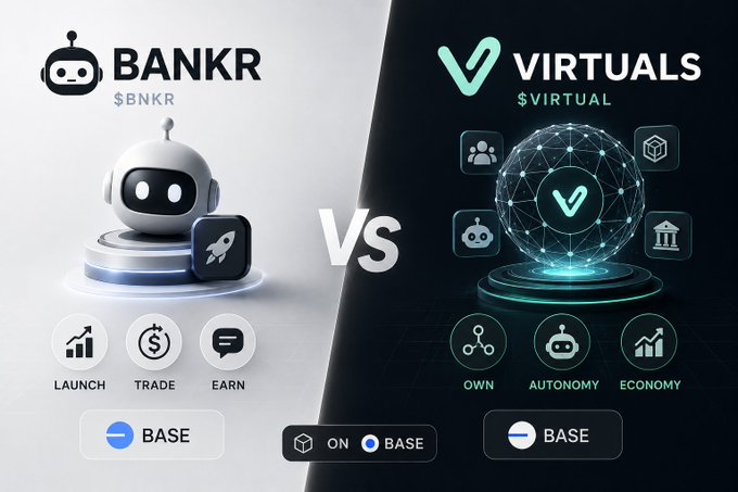 The image shows two logos for banks, one white with a robot and the other black with a robot and a green globe. The white logo has "BNKR" written above it, while the black logo has "VIRTUAL" written above it. Both logos feature robots as part of their design. The text on both logos reads "Base AI wars are getting interesting. Right now, two names dominate the conversation: $BNKR vs $VIRTUAL".