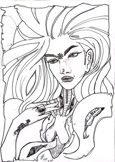 A black and white ink drawing of a stylized figure with long flowing hair, a decorated forehead, and long fingernails, with a signature dated 2003.