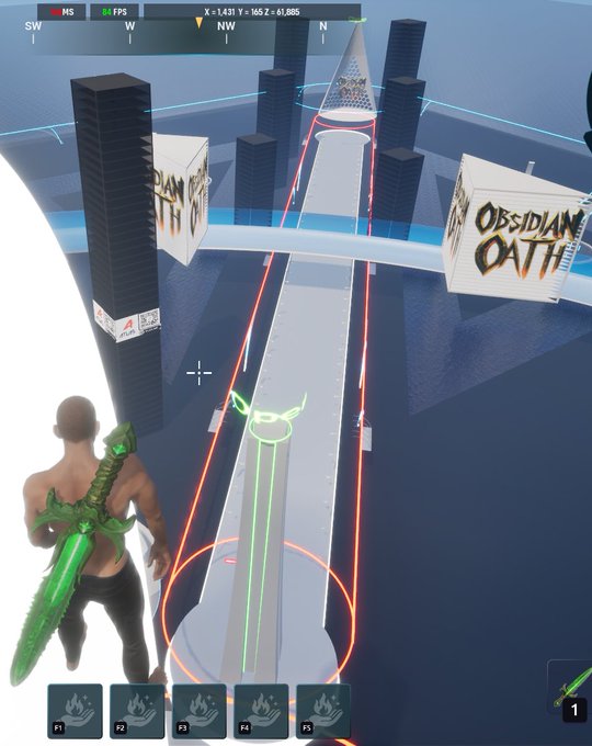 A first-person view from a video game showing a character holding a green sword, navigating an obstacle course with 'OBSIDIAN OATH' banners, featuring FPS and coordinate displays.
