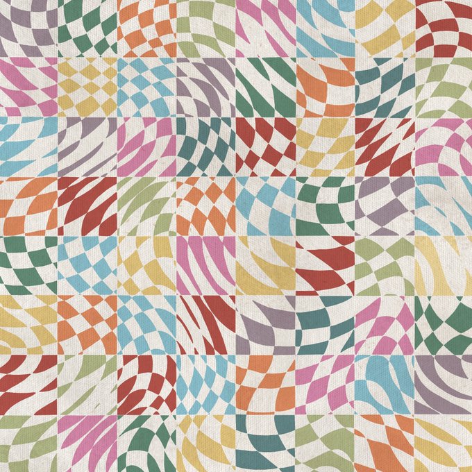A colorful abstract geometric pattern composed of curved, intersecting shapes in pastel shades of pink, blue, green, yellow, and red arranged in a grid.