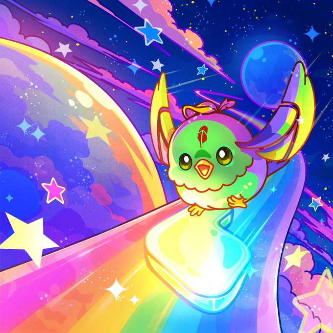 A colorful digital illustration of a cute green cartoon bird with a red bow riding a rainbow gem through a cosmic starry sky with planets and shooting stars.