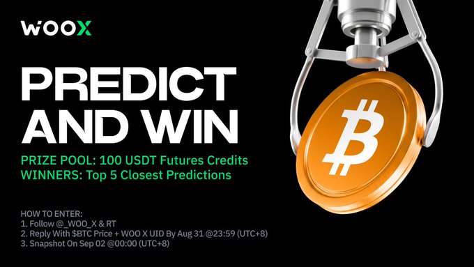 A WOO X promotional banner advertising a 'Predict and Win' contest with a 100 USDT Futures Credits prize pool for the top 5 closest predictions, featuring an image of a gold Bitcoin coin held by a mechanical claw.