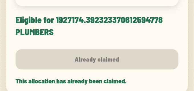 A confirmation screen shows an allocation of approximately 192,717,174.39 tokens labeled as "PLUMBERS" has already been claimed, matching the post's reference to a free 86 USD amount from a Monad ecosystem airdrop that is no longer available for users.
