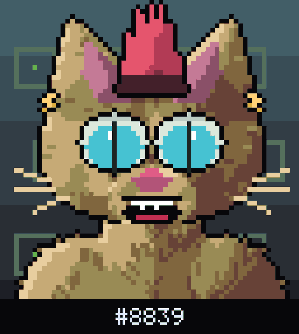 Pixel art portrait of a cat wearing round blue sunglasses and a small red flame on its head, with '#8839' displayed below.