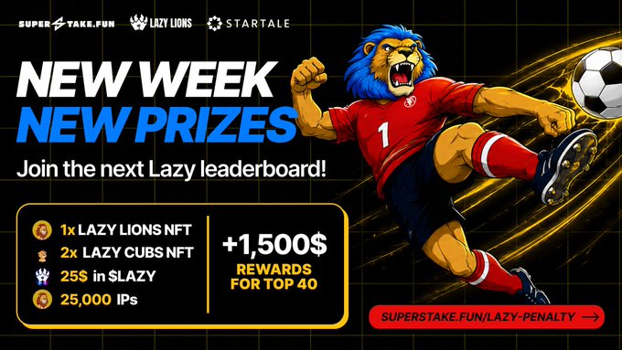 Promotional banner for "SUPERSTAKE.FUN" featuring a lion mascot in a red jersey, advertising "NEW WEEK NEW PRIZES" with $1,500 rewards for the top 40 on the Lazy leaderboard.