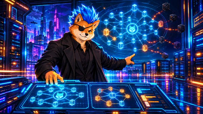 An anthropomorphic fox with blue spiky hair and an eyepatch stands at a futuristic holographic console in a neon-lit cyberpunk cityscape, gesturing toward a glowing network diagram of interconnected nodes and blocks. The image visually reinforces the post's urgent message to Shibarium node operators, symbolizing the technical task of updating Bor static-nodes and Heimdall persistent_peers to maintain network connectivity.
