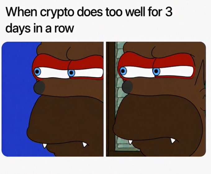 A two-panel cartoon meme of a suspicious-looking brown dog with the caption 'When crypto does too well for 3 days in a row'.