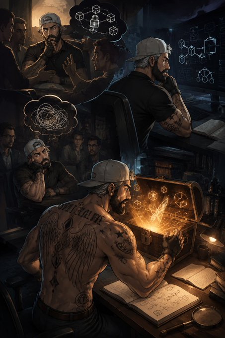 Stylized digital artwork showing a tattooed man with a backward cap pondering over blockchain/cryptocurrency concepts visualized in thought bubbles, examining a glowing treasure chest.