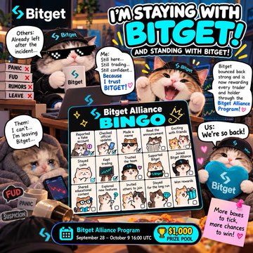 A promotional graphic for 'I'm Staying with Bitget!' featuring cats as Bitget characters, advertising a Bitget Alliance Bingo Program with a $1,000 prize pool running September 28 - October 5, 2026
