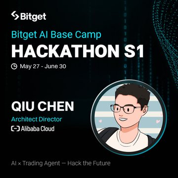 The image features a poster for an AI Hackathon called "Hackathon S1" at Bitget AI Base Camp. The poster includes a cartoon illustration of a man wearing glasses, with his face outlined in white text that reads "Qui Chen". The poster also displays the names of some of the sponsors and attendees, such as "Alibaba Cloud", "AI'x Trading Agent", and "Hack the Future".