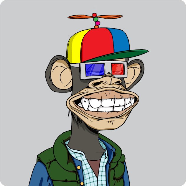 A cartoon illustration of a Bored Ape-style NFT character wearing a colorful propeller beanie (yellow, red, blue) and red-blue 3D glasses, dressed in a green vest over a checkered shirt.