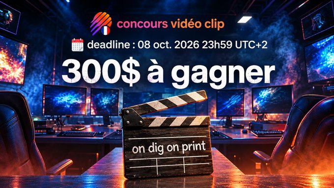 A French promotional graphic for a video clip contest ('concours vidéo clip') offering '300$ à gagner' with a deadline of 08 oct. 2026, featuring a clapperboard and gaming setup.