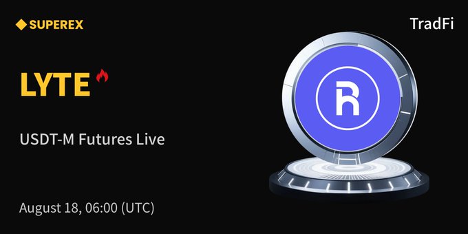 SuperEx announces that Roundhill Photonics & Optics ETF ($LYTE) is now live on USDT-M Futures. The promo features the LYTE ticker, the August 18 at 06:00 UTC launch time, and SuperEx/TradFi branding alongside a blue futures-token graphic.
