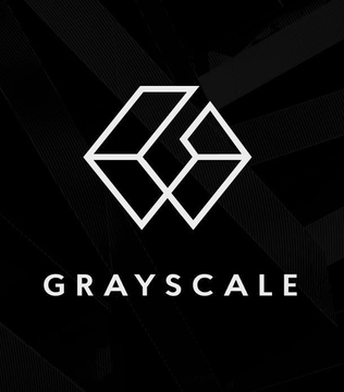 The image shows the Grayscale logo, featuring a stylized geometric cube design above the word "GRAYSCALE" in white text against a black background, aligning with the post about Grayscale's perspective on Bitcoin's continued adoption amid bearish market conditions.