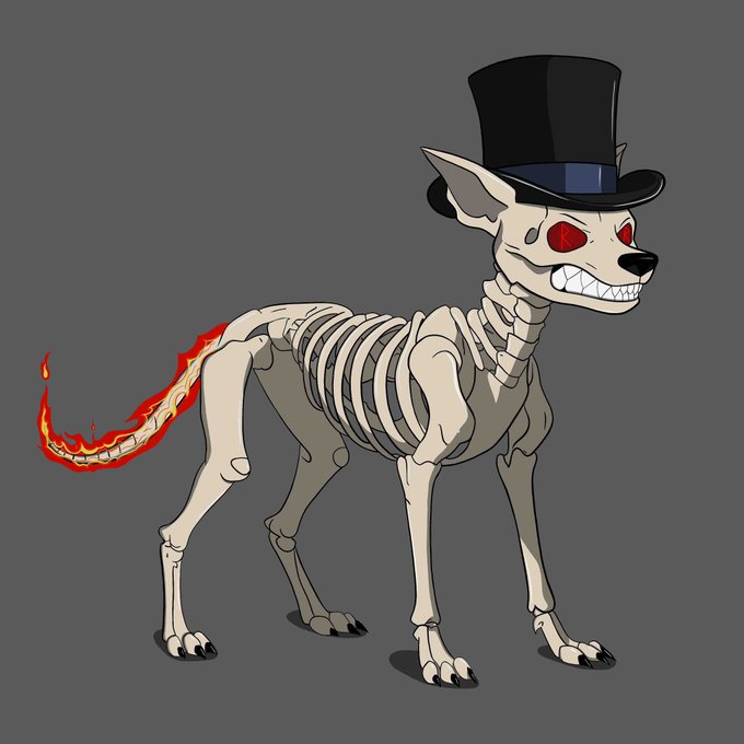 A cartoon illustration of a skeletal dog wearing a black top hat, with glowing red eyes, bared teeth, and a flaming skeletal tail against a gray background.