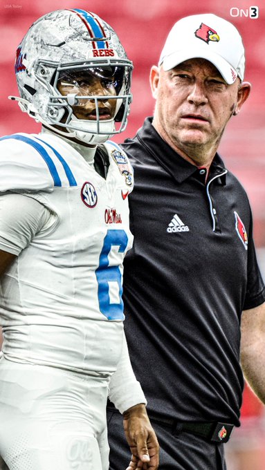 Ole Miss quarterback, wearing jersey #6, walks alongside Louisville head coach Jeff Brohm in Adidas gear. The "Music City" reference and the post's mention of Ole Miss as favorites align with this matchup image of the two opposing figures.