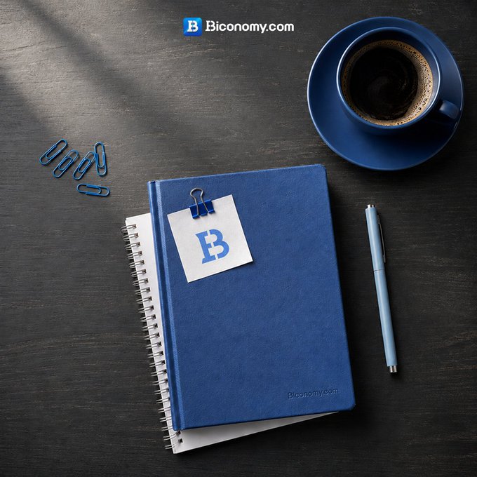 A branded image for Biconomy.com showing a blue notebook with a "B" sticky note, paper clips, a blue pen, and a blue coffee cup arranged on a dark wooden surface.